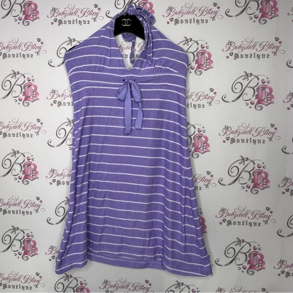 Terry cloth dress striped lilac purple with white tie waist y2k mini coverup